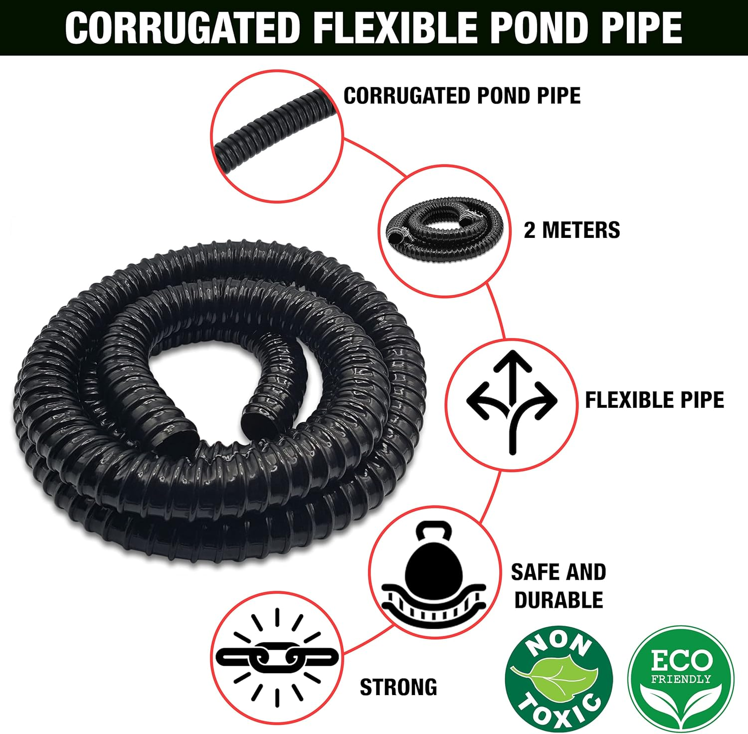 Corrugated Flexible Hose Pond Pipe 25Mm / 1"&ndash; 2-Meter with Advanced Double-Wired Hose Clips for Pond Pumps, Filters, Drainage &ndash; Corrugated Water Butt Connector Pipe - Black. Set by MYPURECORE image number 3