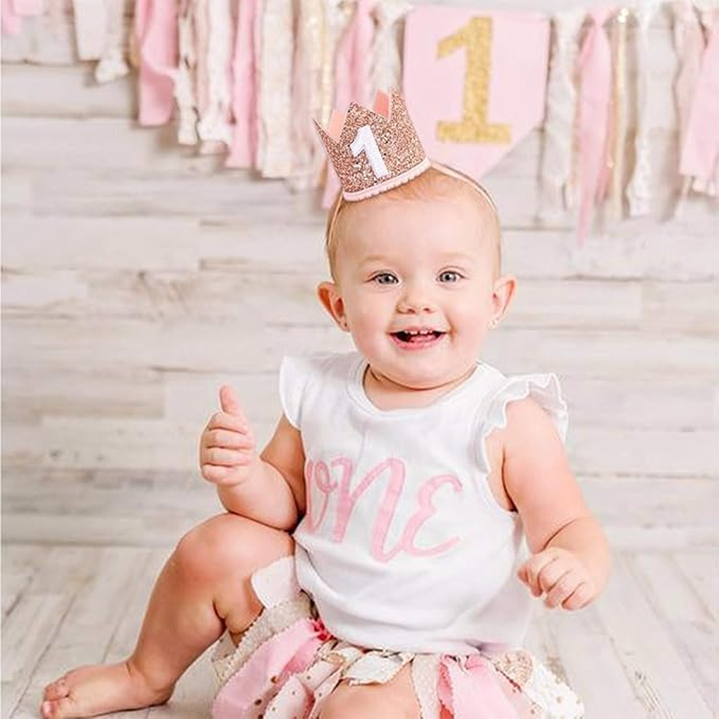 Baby First Birthday Crown, 1St Happy Birthday Decorations Birthday Party Favors, Infant Glitter Birthday Crown Photo Booth Props Photography Props First Birthday Outfit Girl Boy(Pink) image number 4