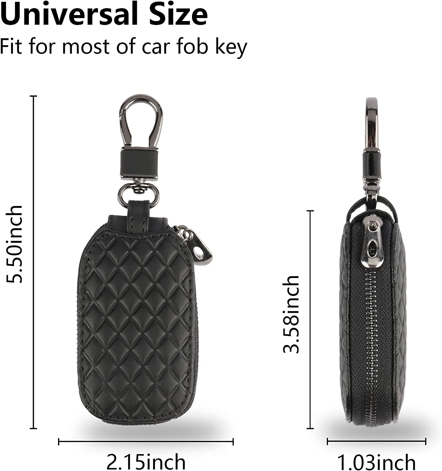 Amiss Universal Key Fob Cover Case, Genuine Leather Car Smart Key Protector with Metal Hook, Keyring Zipper Bag for Remote - Black Plaid