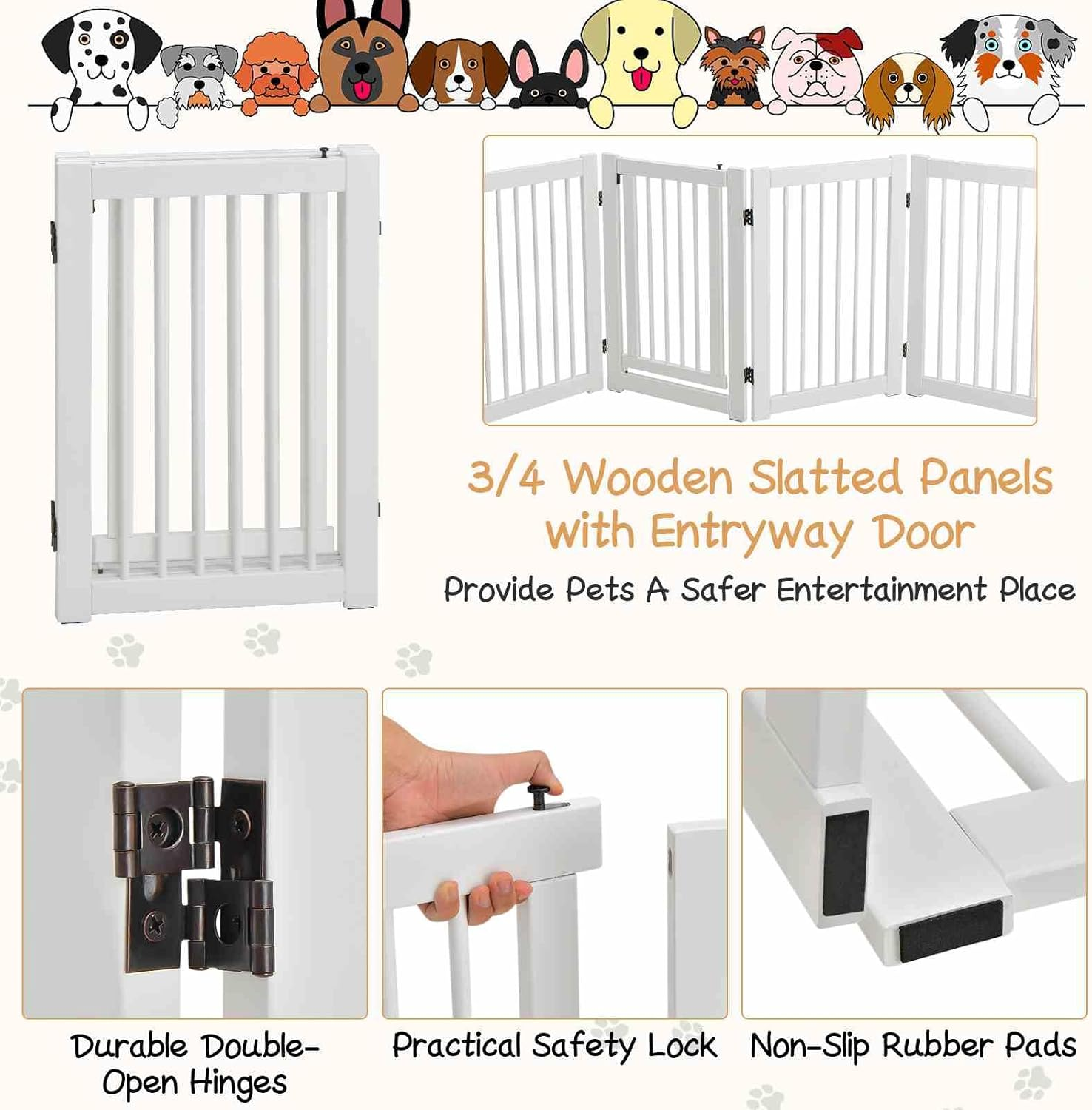 Costway 207 X 77 Cm Freestanding Pet Gate, 4 Panel Retractable Wooden Folding Dog Fence W/Walk through Door, 360&deg; Rotatable, Indoor Safety Gates for Stairs Doorways Hallways Bedrooms (White, 4 Panel)