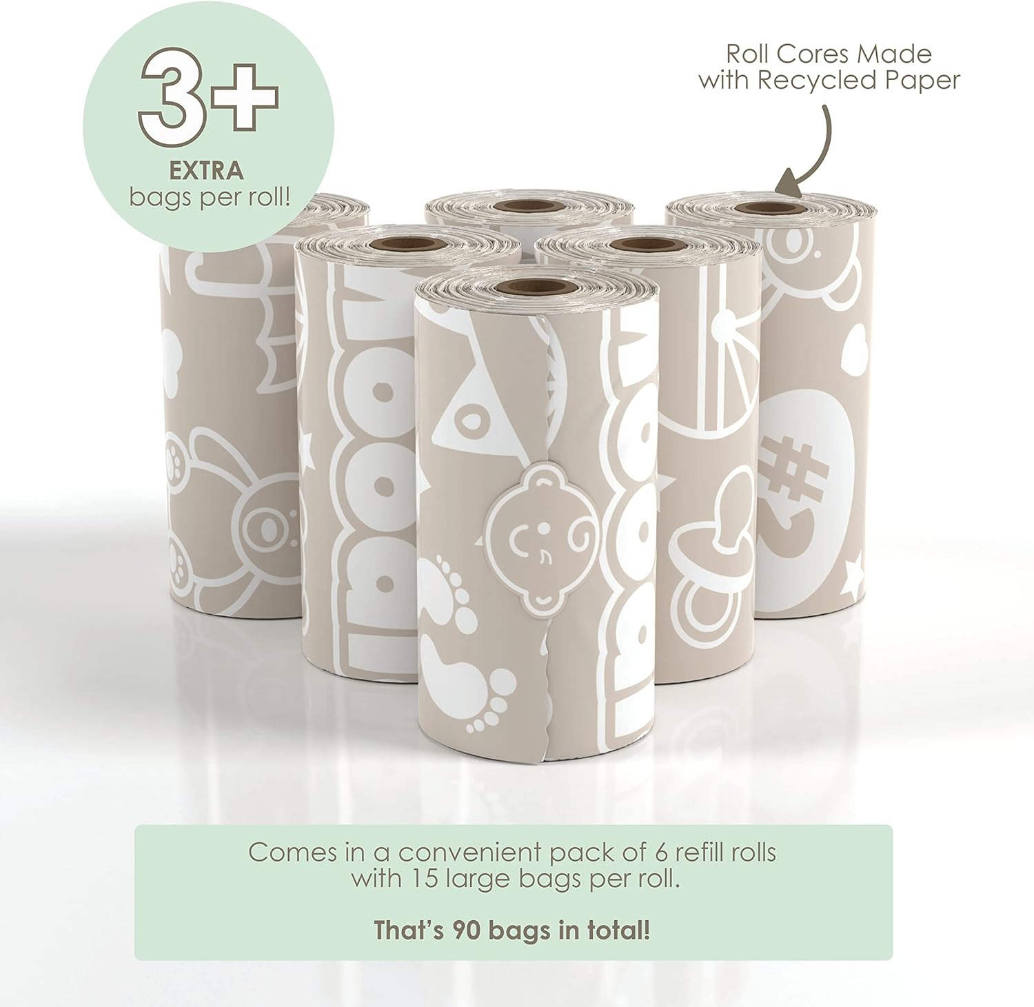 Diaper Disposal Bags (90 BAGS in TOTAL) | LAVENDER SCENTED Baby Poop Baggies (6 Refill Rolls 9 X 13In) | Leak Proof Nappy Trash Bag for Quick Changes on the Go