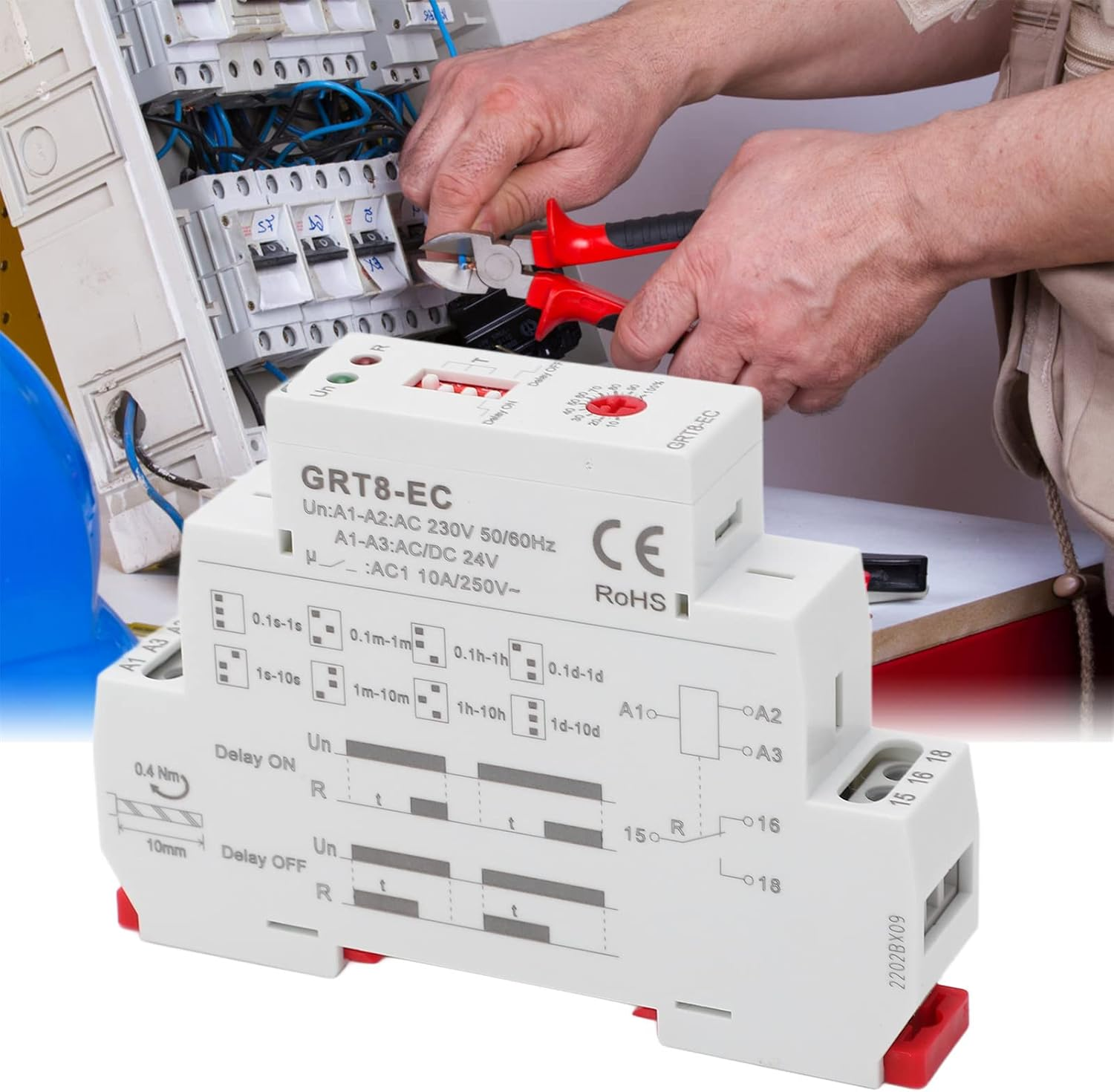 Multifunction Time Relay, Dual Function Mini Power off Delay Time Relay with LED Indicator, 0.1S-10Days AC230V or AC DC24V, Power off Timer Timing Relay (GRT8-EC) image number 2