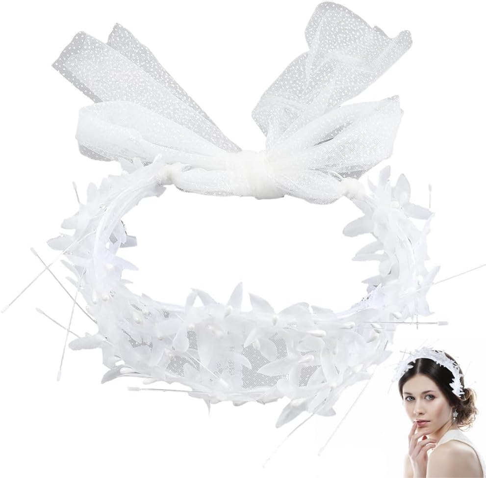 CABODYALS White Pearl Beads Mesh Headpiece Bridal Boho Fairy Headband Wedding Vintage Jewellery Hair Vine Bowknot Tulle Headbands for Women Dresses Birthday Party Halloween Cosplay Accessories image number 4