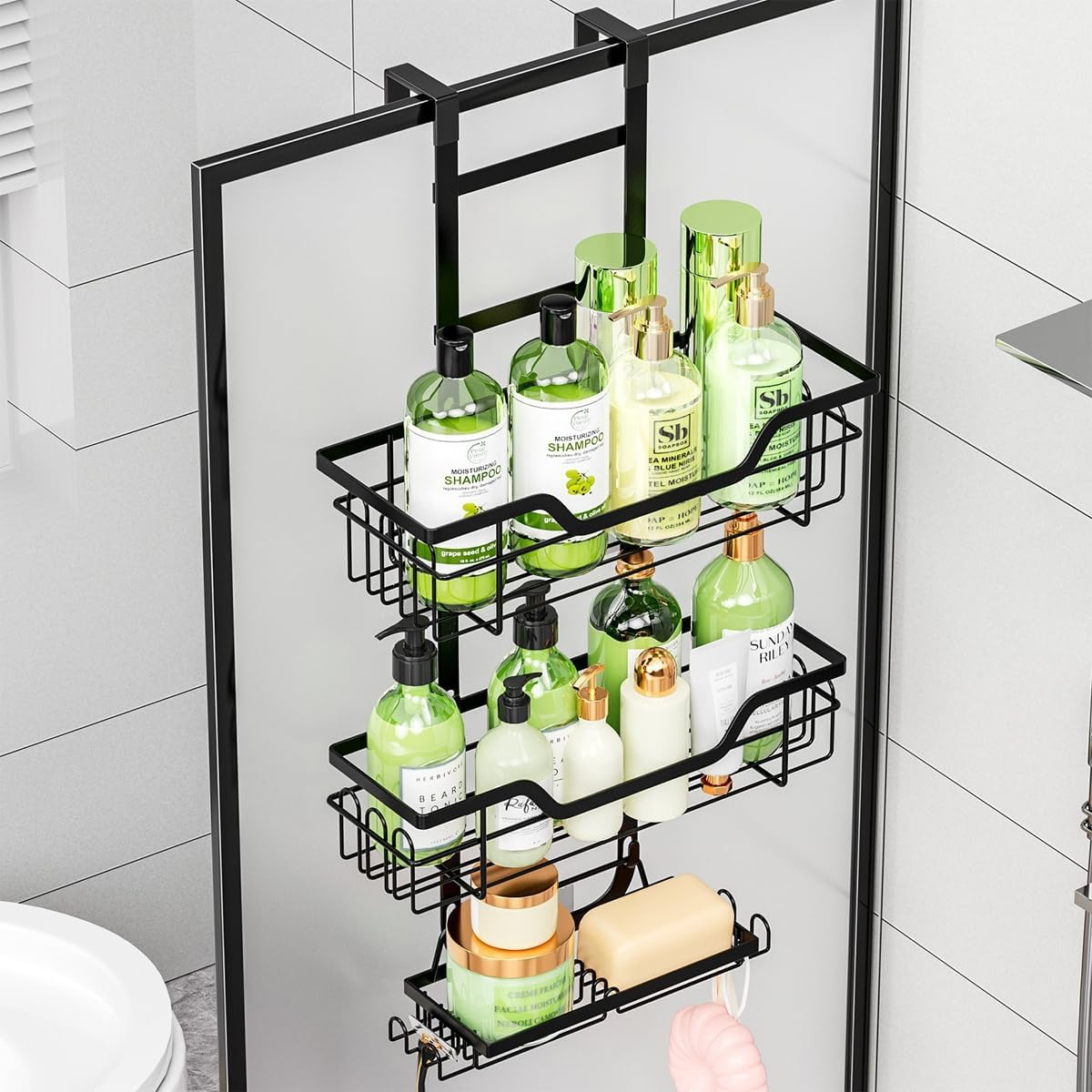 AIMALL 3-Tier Punch-Free Bathroom Storage Rack over Door Hanging Organiser Wall-Mounted Layered Shelf for Shower Room Toiletries and Accessories image number 3