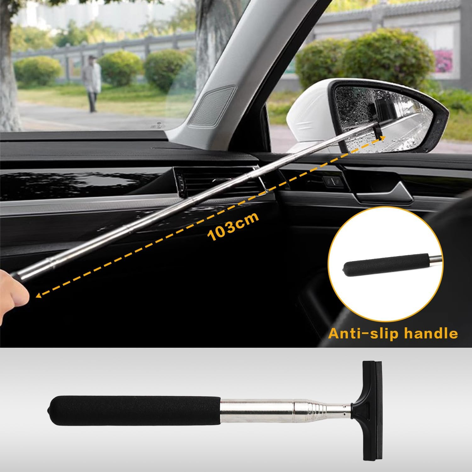 2-In-1 Car Mirror Squeegee &ndash; Portable Rearview Mirror Wiper with 98Cm Long Handle for Glass & Windows, Black and Pink image number 4