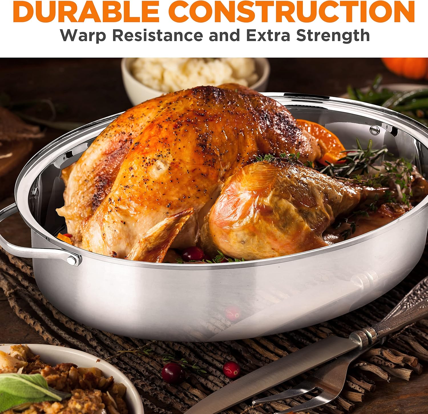 Nutrichef 20" Oval Roasting Pan with Rack and Lid - Premium Stainless Steel Roaster Dish W/Wide Handles & Removable Rack, Multi-Use Cookware for Turkey, Chicken, Stews, & More - Dishwasher Safe image number 4