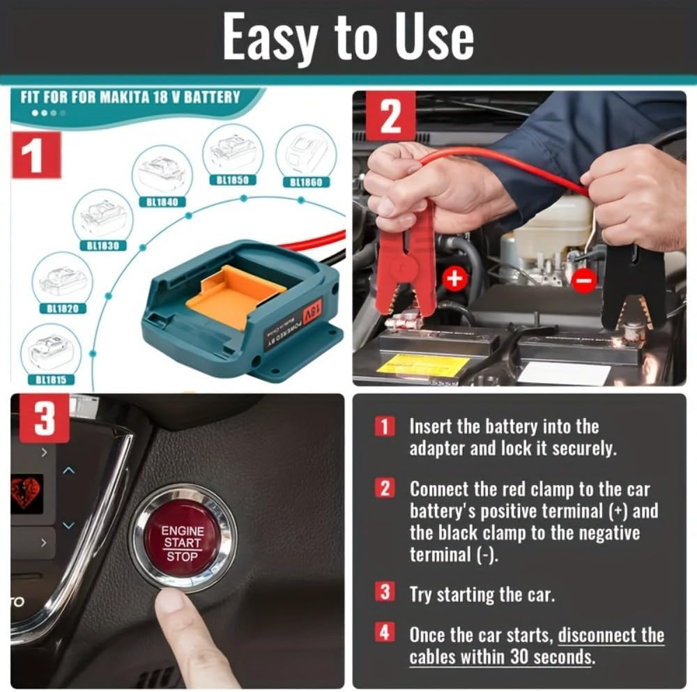 Jumper Adapter for Makita 18V Battery Jumper Starter Automotive Booster Cables 6FT 12AWG Jumper Cable Car Battery Charger for Car Riding Mower Motorcycle (Battery Not Included) image number 3