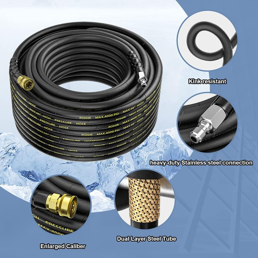 POHIR Power Washer Hose 100FT 3/8'' High Tensile Wire Braided Car Wash Water Hose, with 2 Quick Connect Kits Compatible M22 14 Mm, 1/4 Inch Hose for Pressure Washer, 4200 PSI