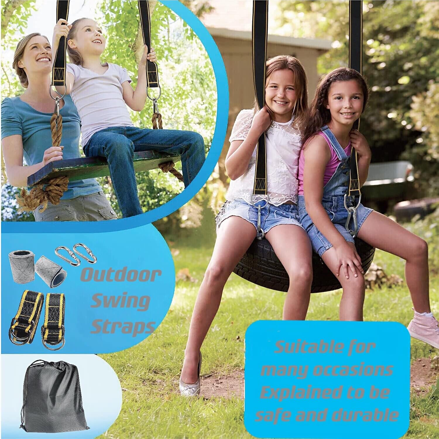 Tree Swing Hanging Straps Kit,Hammock Straps with Loops Set,Newly Upgraded Heavy Duty， Holds 2800 Lbs,5Ftx2Hammock Straps with 2 Locking Carabiners and 2 Tree Protectors,Carry Pouch Bag for Hammocks image number 4