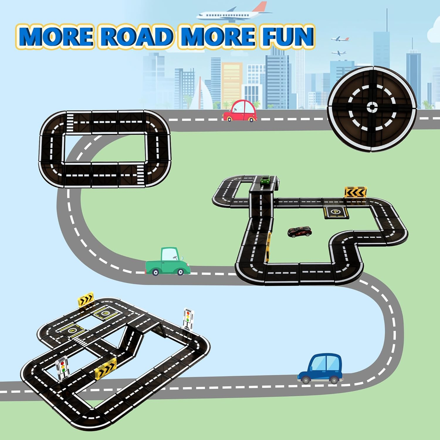 OMIPAWZ Magnetic Road Tiles Set, STEM Magnet Building Blocks Toys for Kids Age 3-8 image number 3