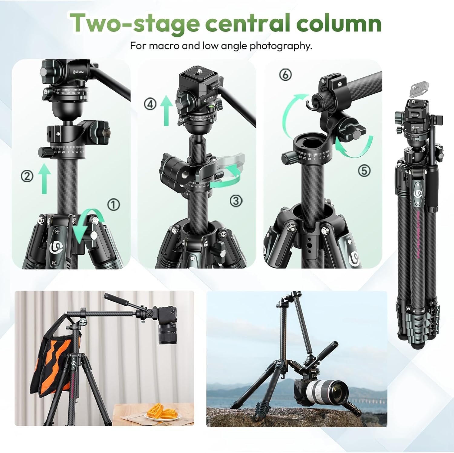 ULANZI JJ06 Glidego Camera Tripod, 73.6"/187Cm Lightweight Carbon Fiber Travel Tripod with 360&deg; Ballhead, Horizontal Video Tripod W Central Column, for Cameras/Dslr/Camcorder, Maxload 18Kg/39.6Lbs image number 5