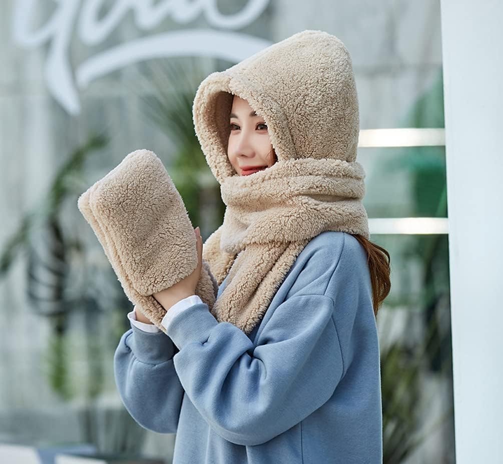 Tonwhar Womens Cute Winter Thick Warm Long Hooded Scarf with Mittens