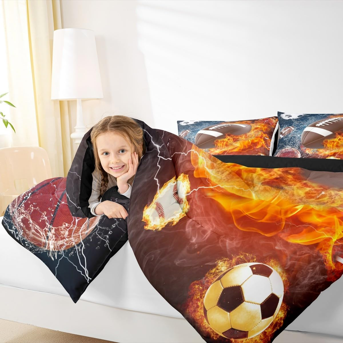 Erosebridal Football Comforter Set Queen Rugby Sports Bedding for Teen Boys Kids,Soccer Basketball Baseball Red Blue Water Fire Lightning Quilt Duvet Insert Bedroom Decor 2 Pillow Cases Cmhs457 image number 3