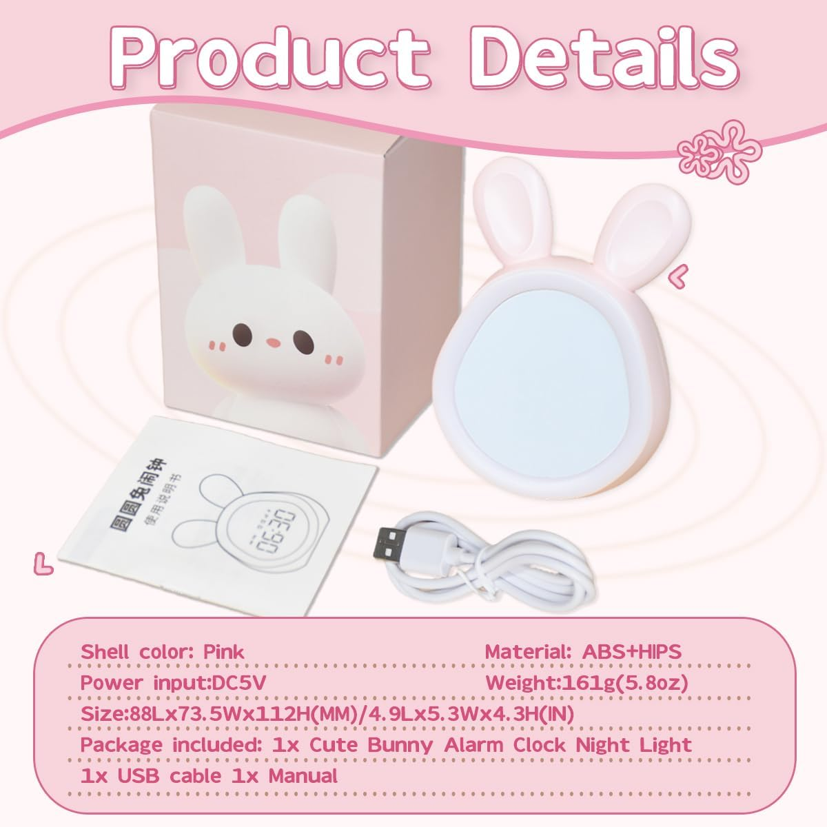 Bunny Alarm Clock Night Light for Kids with Temperature Brightness Adjustable and Time Display, Rechargeable, Timing Function, Non-Flickering Eye-Caring LED Warm Light (Light Pink) image number 6