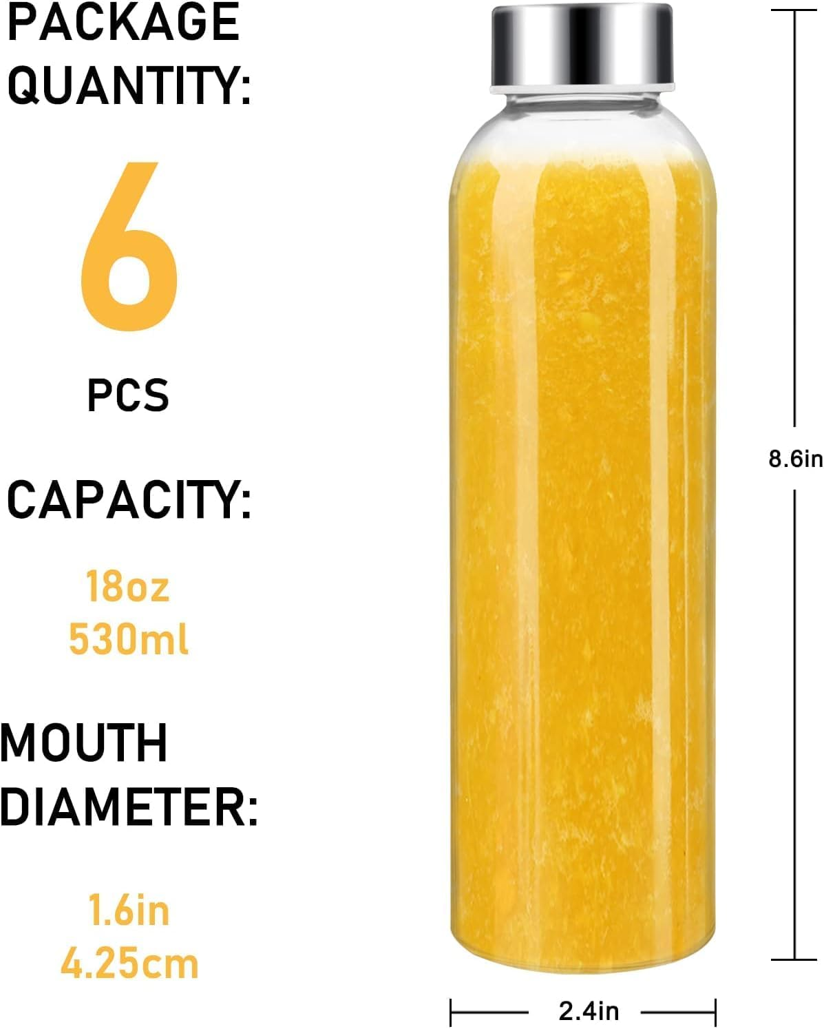 ALINK 18Oz Glass Juice Bottles with Lids Set of 6,Clear Glass Water Bottles,Reusable Drinking Bottles with Stainless Steel Airtight Cap,Storage Containers for Refrigerator-Bpa Free,Leak Proof