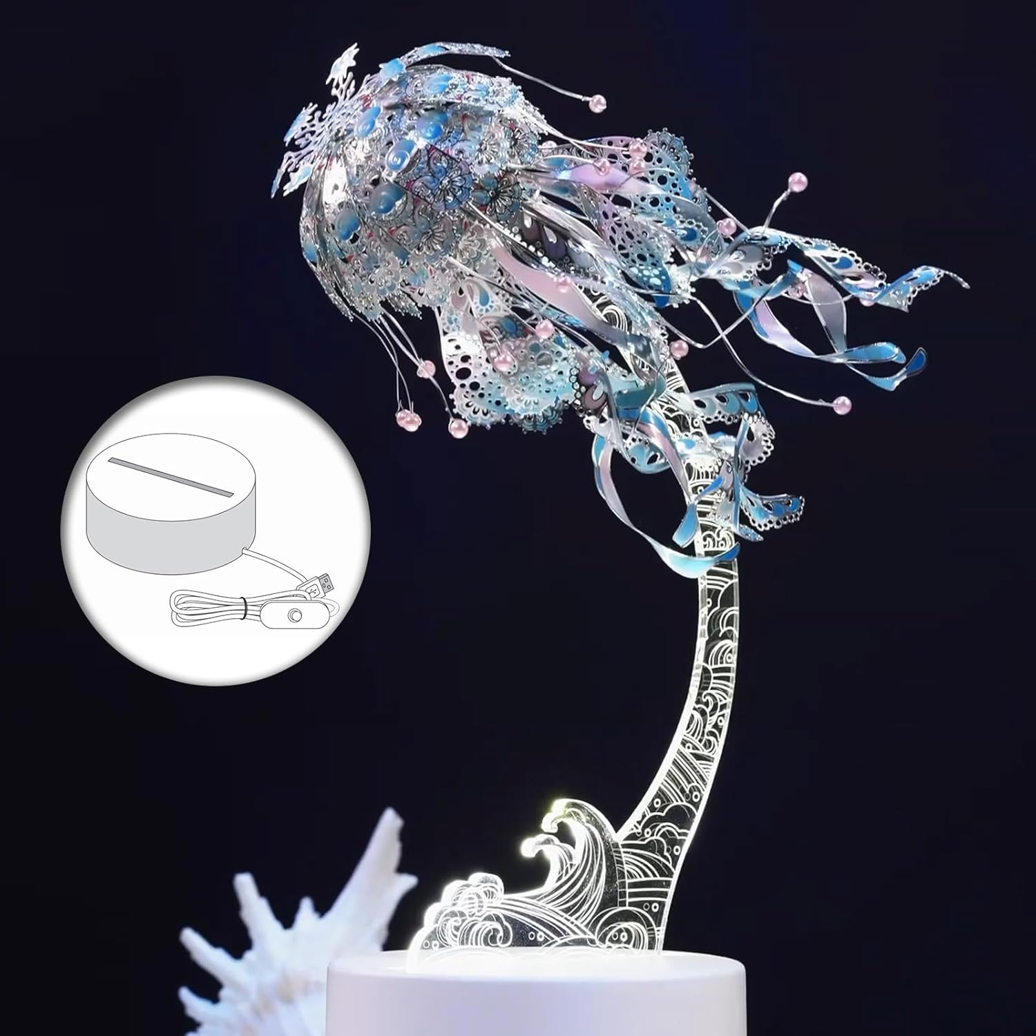 Piececool 3D Puzzles for Adults, Jellyfish Night Light with USB Plug, Ocean Animals 3D Metal Model Building Kits, DIY Assembling Arts and Crafts, Blue image number 3