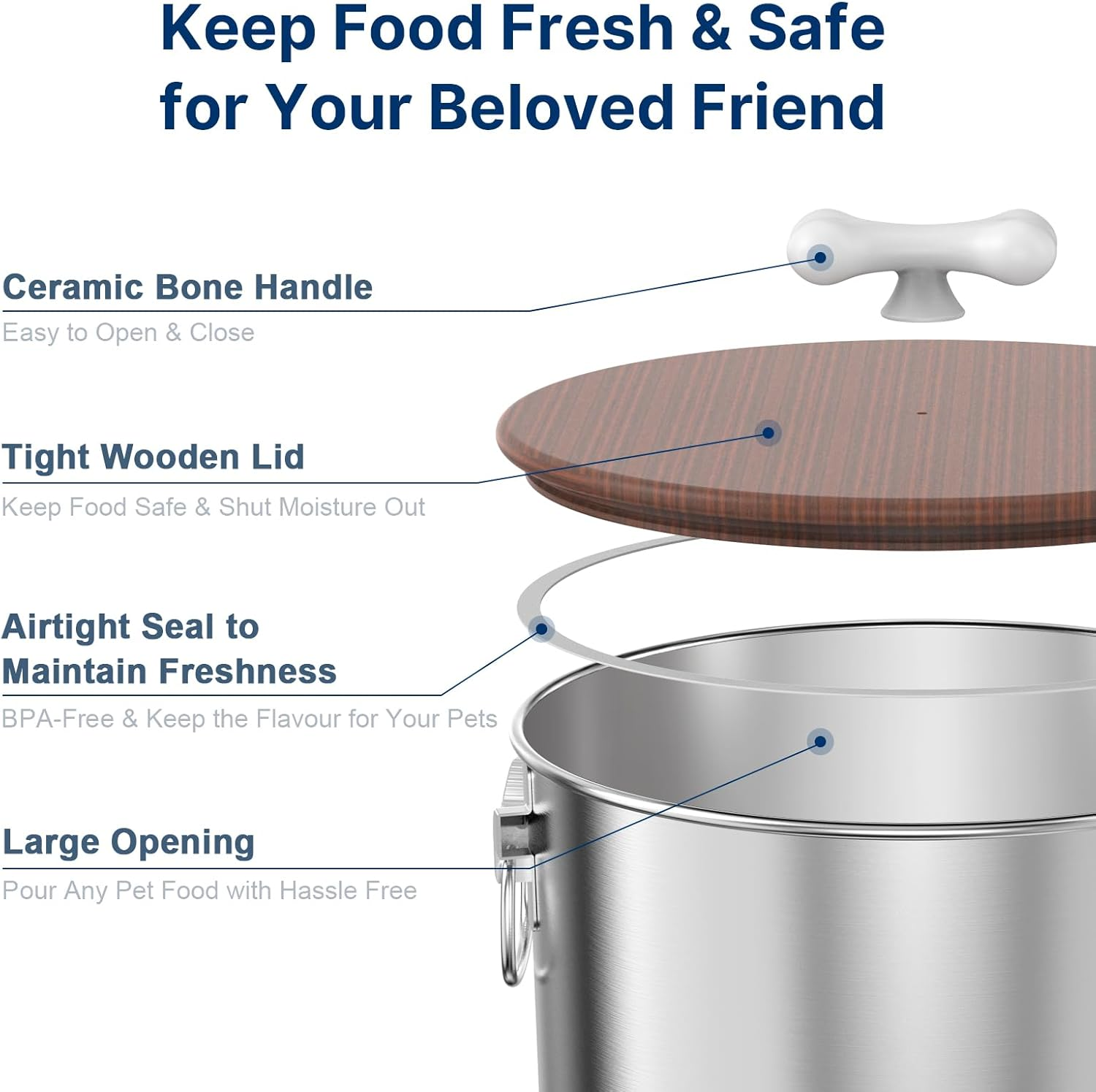 35 Lbs Stainless Steel Dog Food Storage Container with Airtight Wooden Lid & Ceramic Bone Handle, Large Metal Dog Food Bin for Dogs & Cats, Keep Fresh, Easy to Clean image number 1