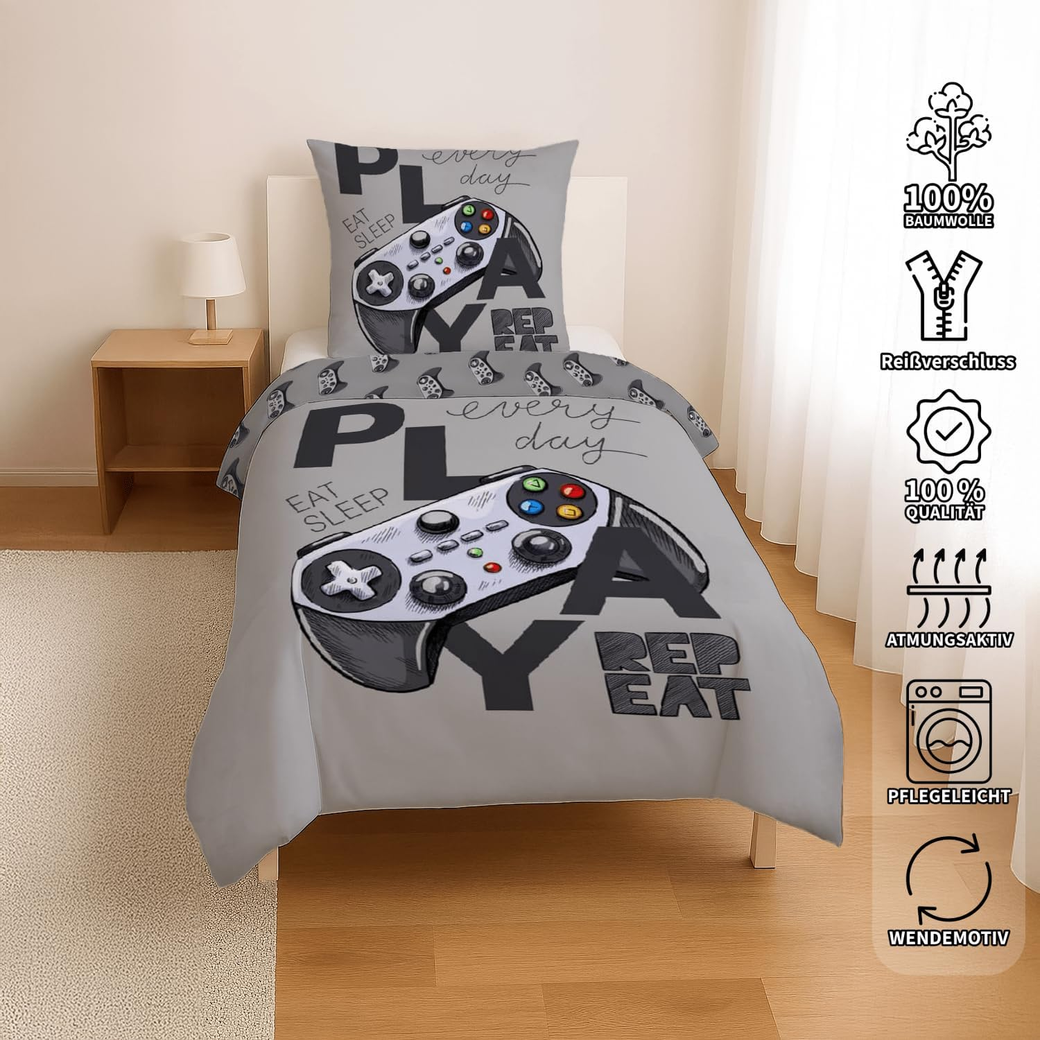 KK Shopping Versandhandel Klaus Kolodzie Gamer Children'S Bedding Set 135 X 200 Cm 80 X 80 Cm Cotton Controller Player image number 1