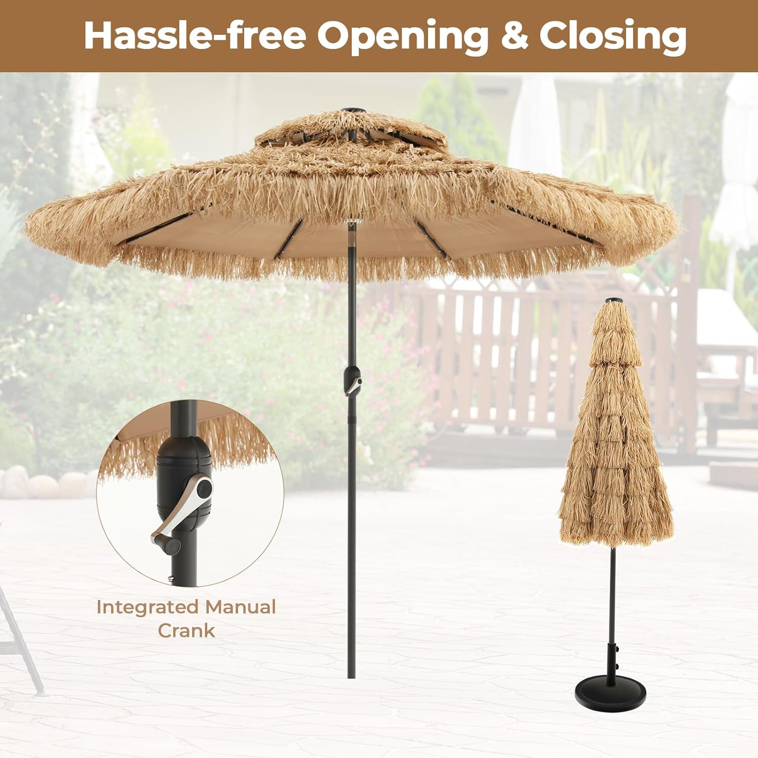 Costway 32 LED Hula Thatched Tiki Umbrella, Solar Powered Hawaiian Style Beach Umbrella with 8 Ribs, 30&deg; Tilt & Crank, Outdoor Market Umbrella for Tropical Palapa, Tiki Bar, Patio, Garden & Poolside, Natural