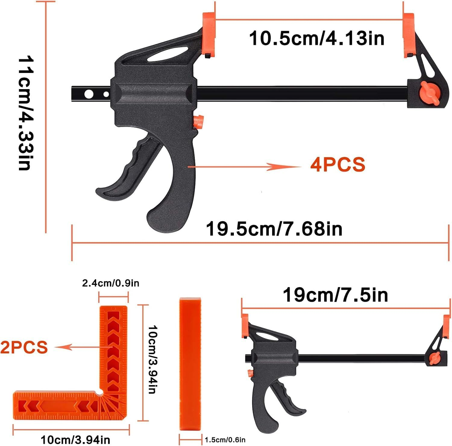 JINTANG Set of 6 One-Hand Clamp Set, Screw Clamp Tensioner Right Angle Clip Positioning Squares 90 Degree 4 Inches and F-Shaped Rod Clamps Quick Grip Clamps Set image number 1