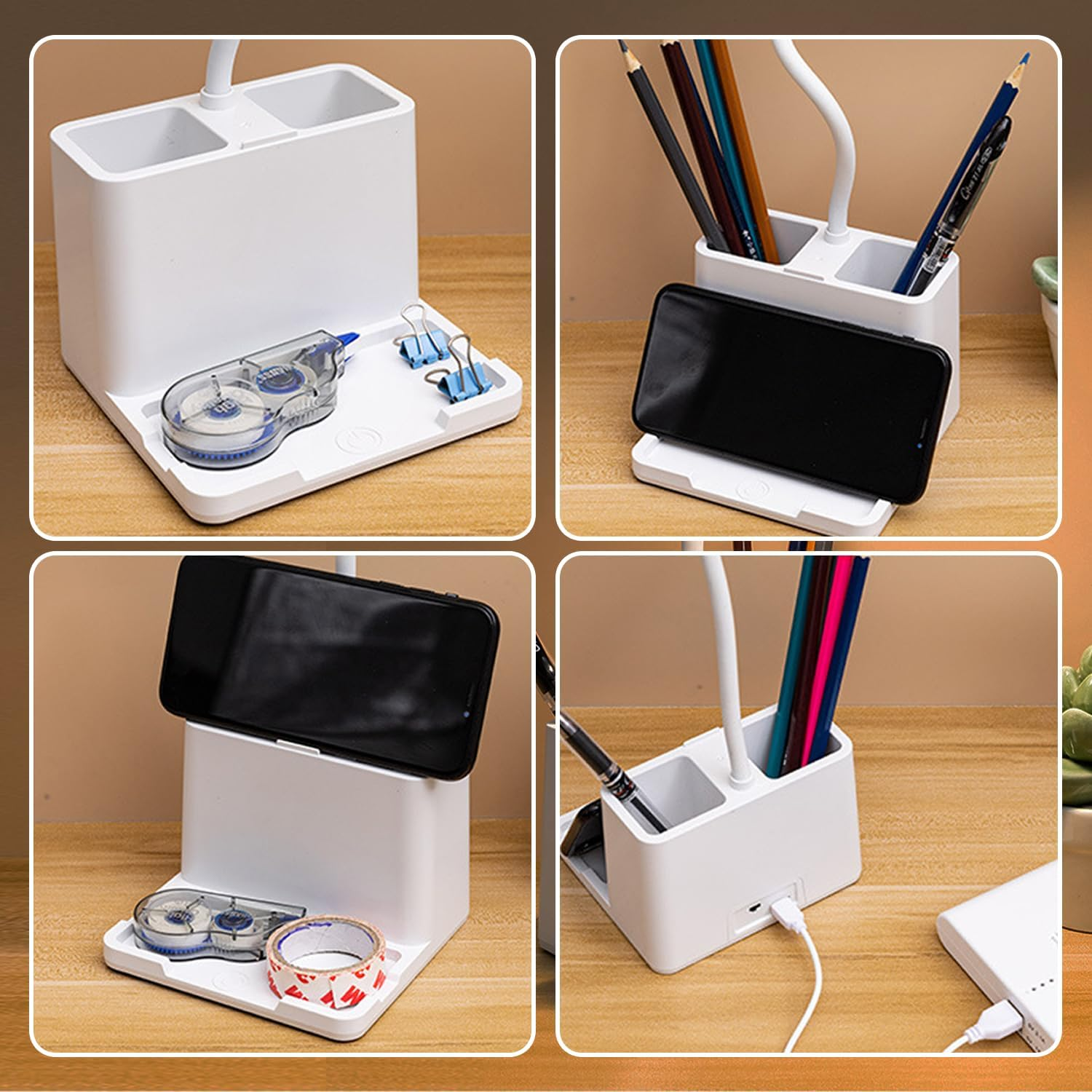 LED Desk Lamp with Stepless Dimming & Touch Switch, Flexible Gooseneck Eye-Caring Table Light, USB Rechargeable with Pen Holder & Phone Holder for Home & Office image number 4