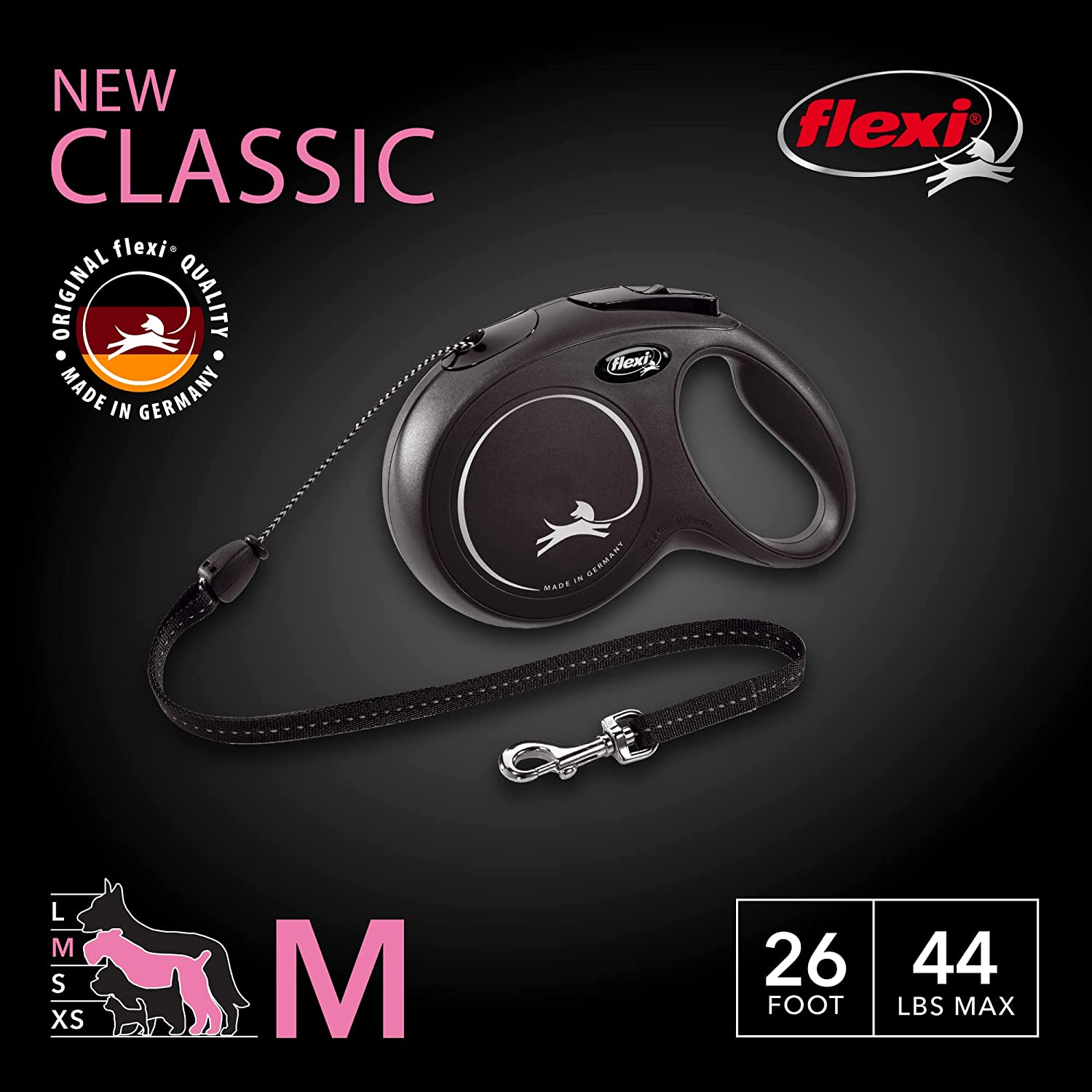 FLEXI CL20C8.250.S New Classic Retractable Dog Leash (Cord), 26 Ft, Medium, Black image number 4