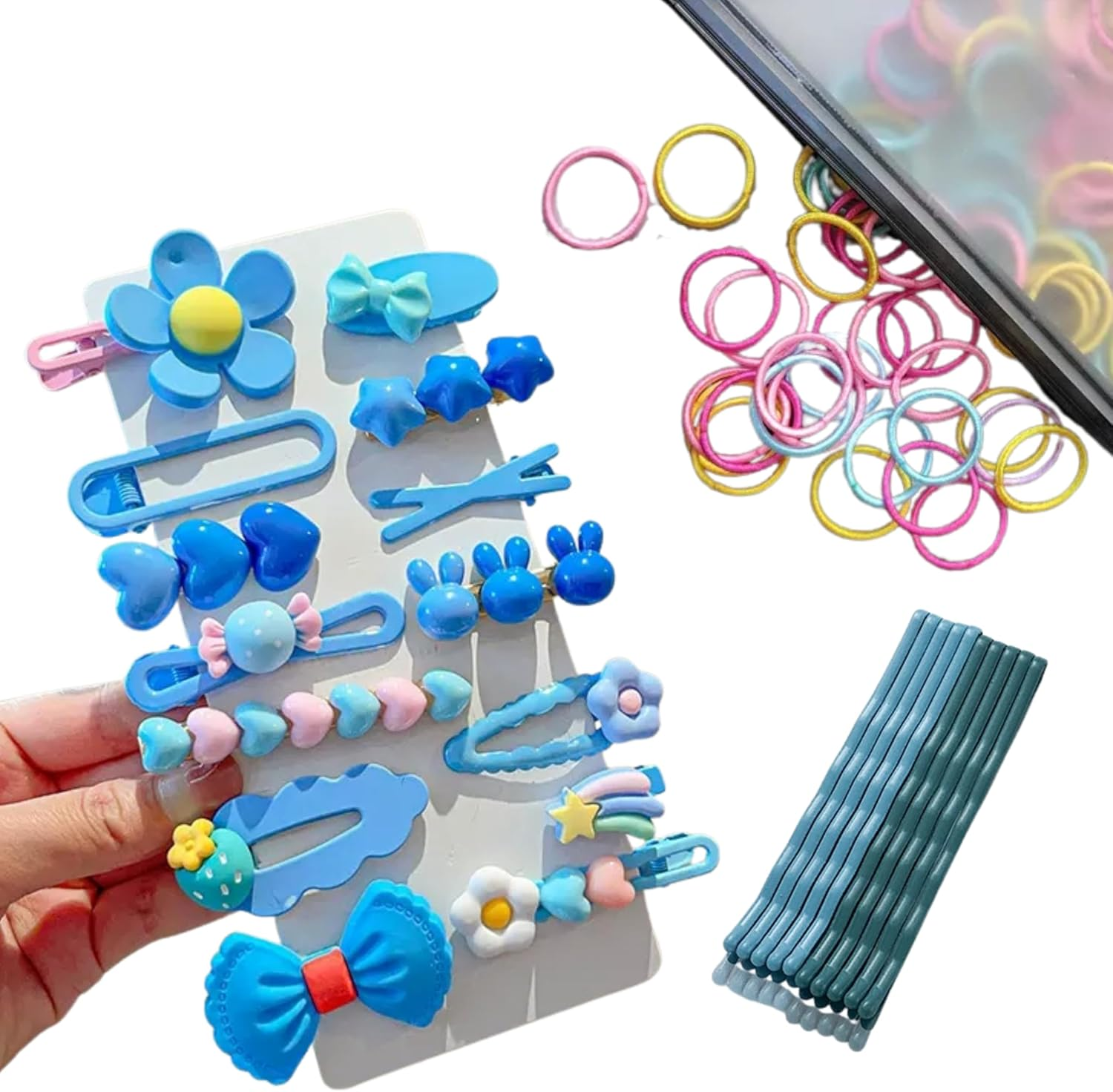 124-Piece Kids Hair Accessories Set, 14 Pcs Decorative Hair Clips with Hearts Stars Flowers Bows, 100 Hair Ties, 10 Bobby Pins (Pink)