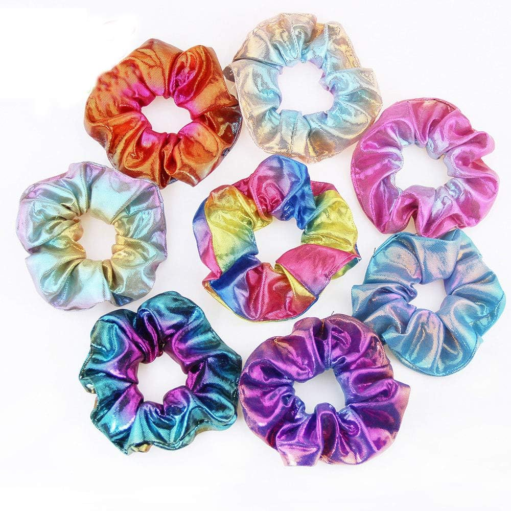 Hair Scrunchies, 8 Pack Shiny Metallic Elastic Hair Scrunchies Ties Colorful Mermaid Hair Bands Ponytail Holders Soft Hair Scrunchy Bobbles Hair Accessories for Women Girls, Gym Dance Party or Club image number 2