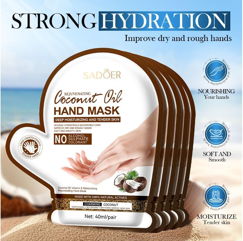 4 Pack Coconut Oil Hand Mask, Deep Moisturizing and Rejuvenating Treatment, 40Ml/Pair, with Vitamin E and Natural Actives for Dry Rough Hand,And Makes the Skin Soft and Smooth image number 2