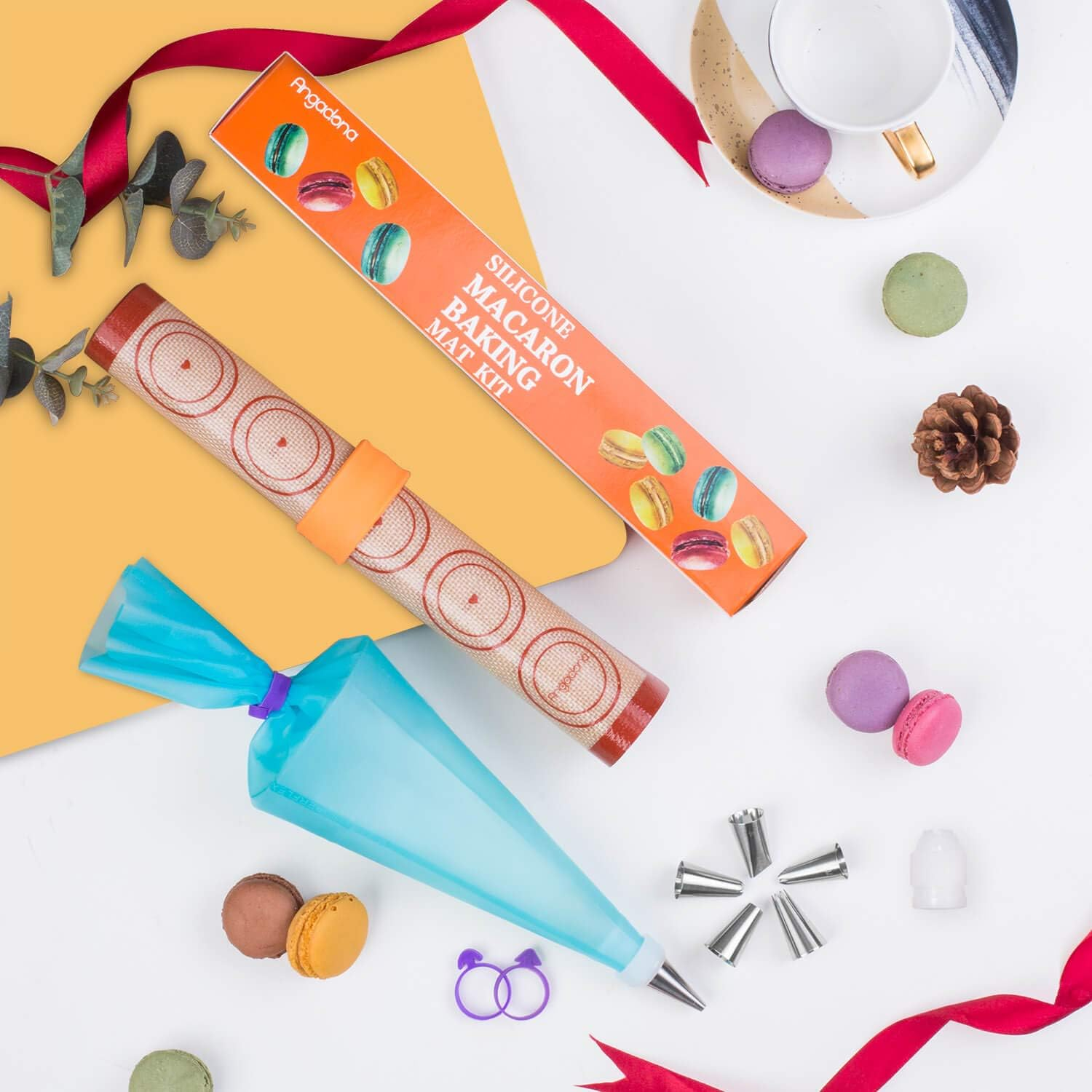 Silicone Baking Mat Macaron Mat Kit(14Pcs Set) Macaroon Baking Mat Set of 2 Half Sheet Macaron Silicone Mat Nonstick Macaron Mat Sheet,6 Piping Tip,2 Piping Bag with 2 Bag Half Quarter Sheet Brown+Purple - Brown+Purple image number 5