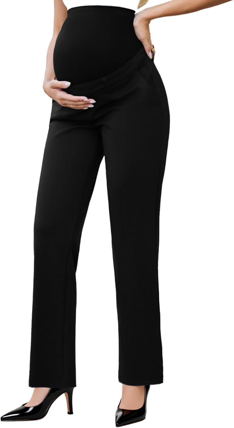 Ecavus Maternity Pants over the Belly Seamless Stretch Work Pants Dual Length Pregnancy Office Dress Pants with Pockets