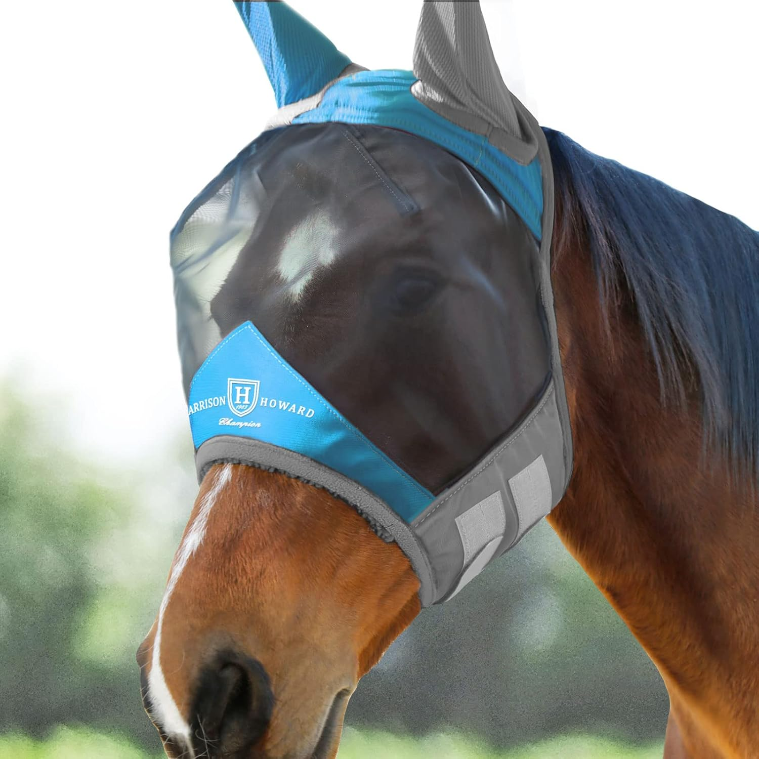 Harrison Howard Pro Luminous Horse Fly Mask Standard with Ears UV Protection for Horse Azure Blue/Silver XL Extra Full Size image number 7