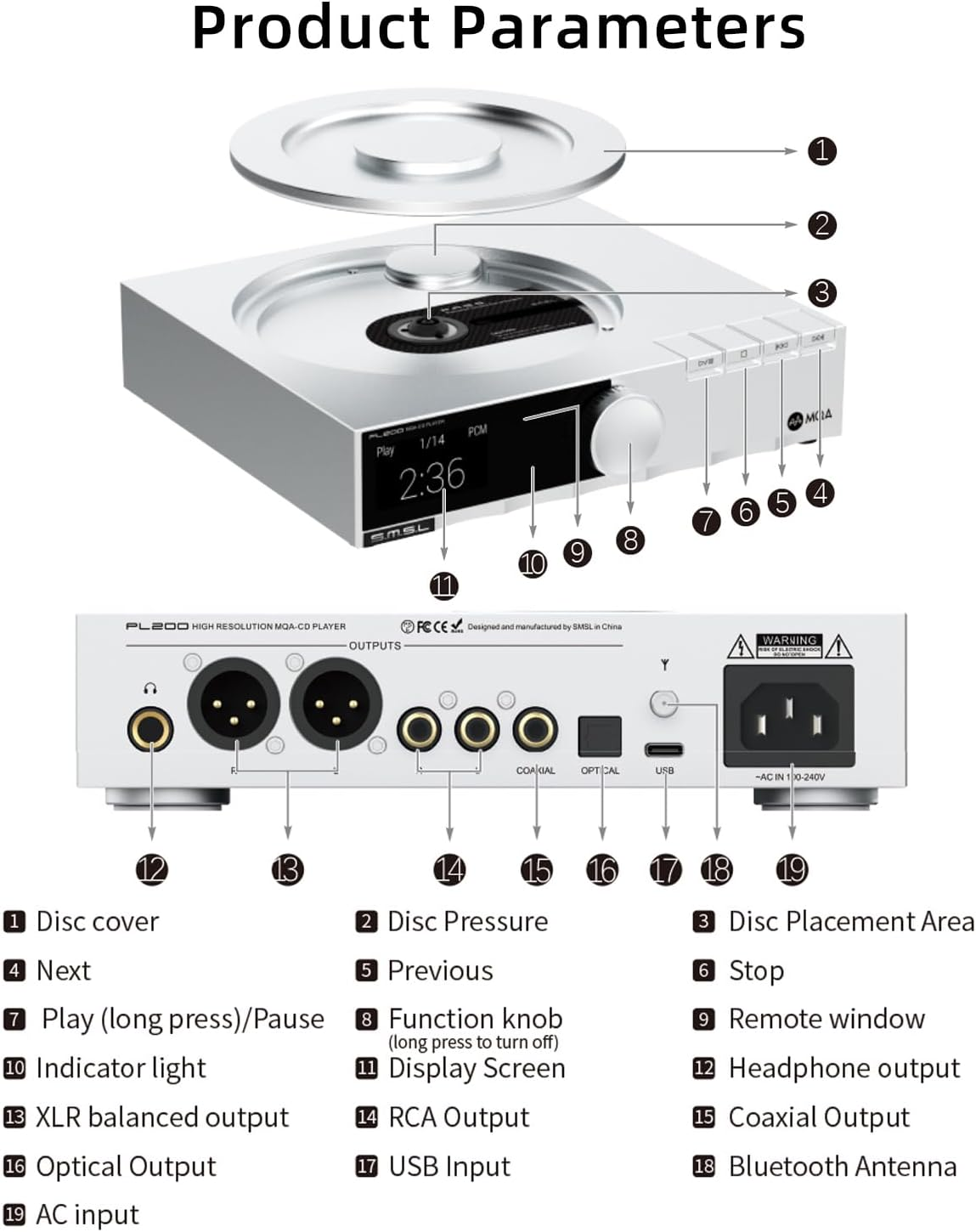 SMSL PL200 MQA CD Player DAC AK4499EX Chip USB Bluetooth 5.1 Headphone Amplifier Supports 32Bit/768Khz DSD512 USB/CD Player Input Fully Balanced Decoding DAC Preamp,With Remote Control (Silver)