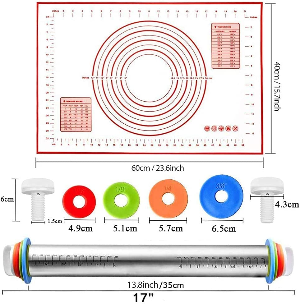 Roccar Rolling Pin and Silicone Baking Pastry Mat Set, Stainless Steel Dough Roller, Rolling Pins with Adjustable Thickness Rings, for Baking Dough, Pizza, Pie, Pastries, Pasta, Cookies image number 4