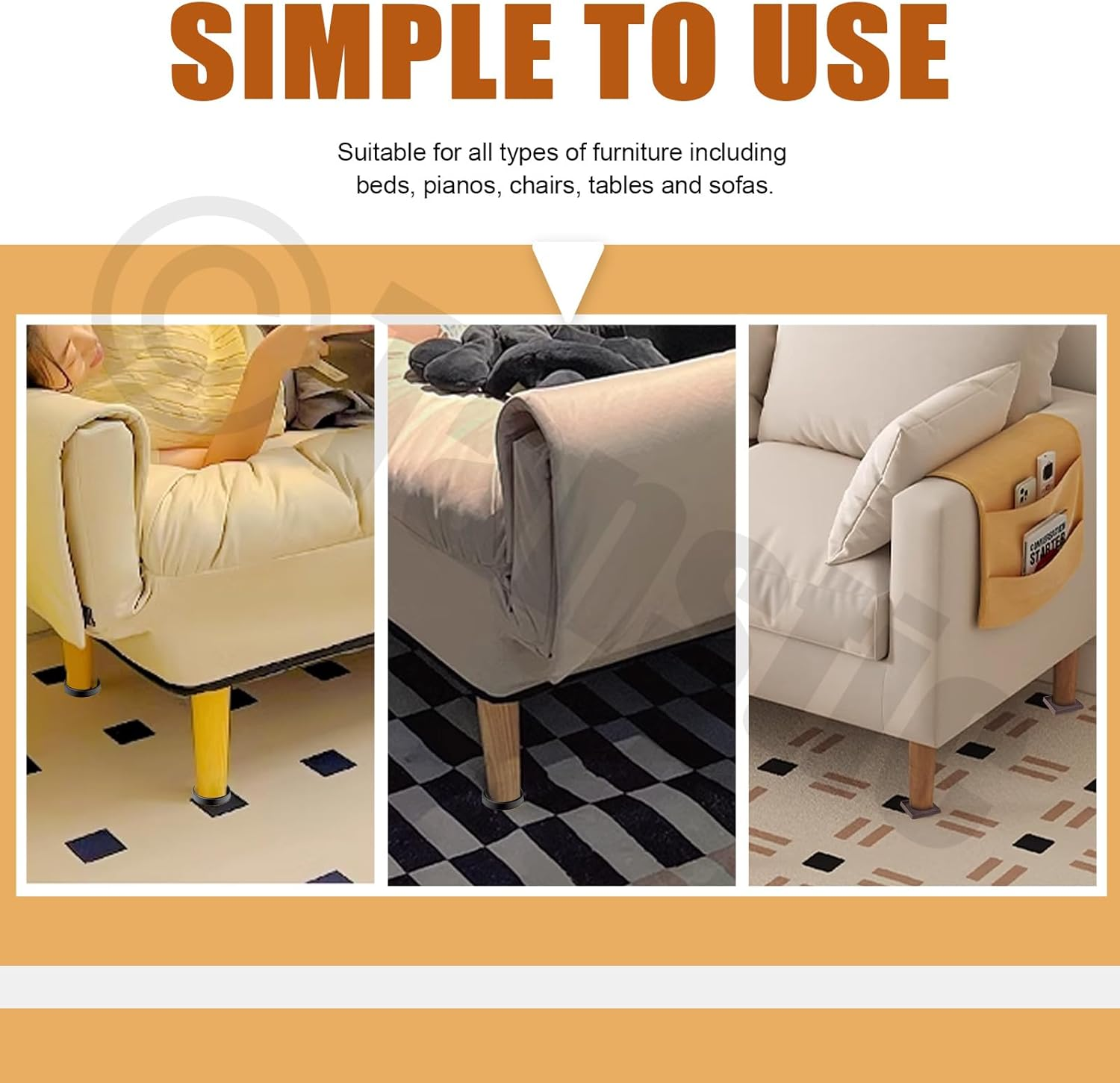 Tanstic 4Pcs 3X3 Square Rubber Furniture Caster Cups with Anti-Sliding Floor Grip Square Rubber anti Skid Caster Cups Non Slip Furniture Pads for Sofa Bed Chair(Brown) image number 2