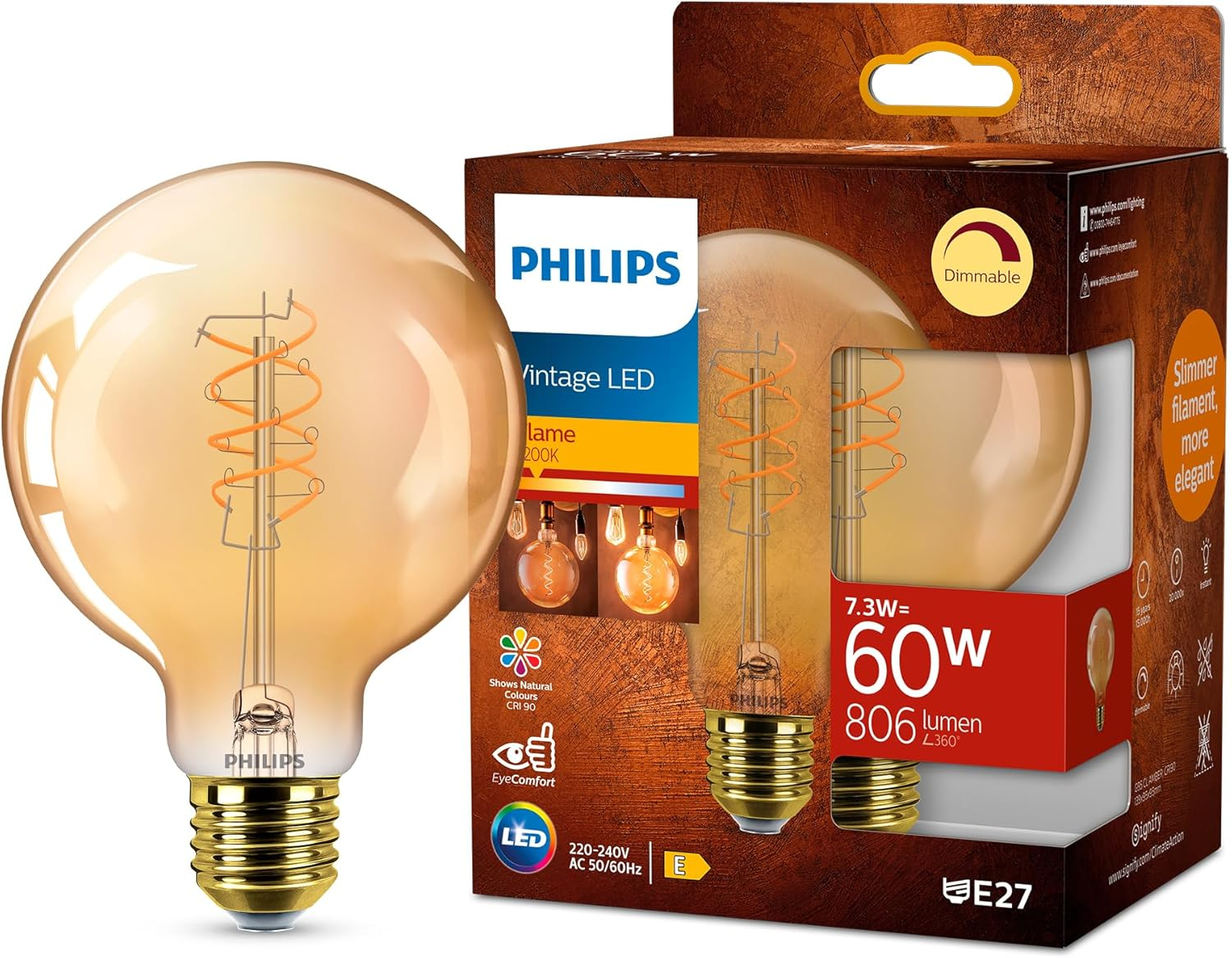 Philips Vintage Amber Spiral G95 Lamp, Dimmable, Flicker-Free, Eyecomfort, 806 Lumen, Flame (2200 K), 7.3 W = 60 W, E27 Socket, Pack of 1 image number 5