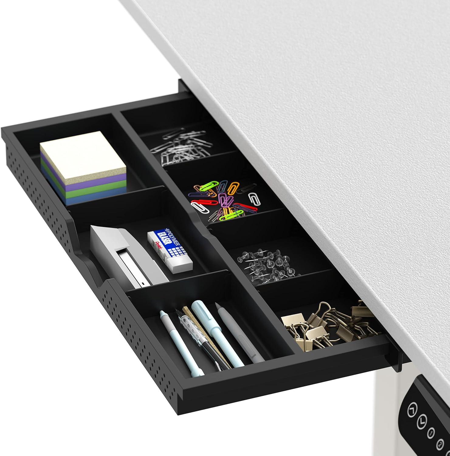 SHW 100 X 60 Cm Mobile Electric Standing Desk, Height Adjustable with Drawer, Hanging Hooks and Cable Management, White