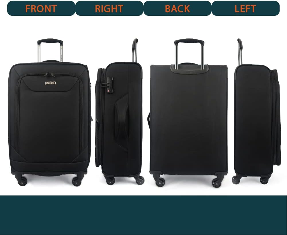 Eaglemate 3 Piece Lightweight Soft Luggage Suitcase Set &ndash; Durable, Expandable, 360&deg; Spinner Wheels, Soft Touch Exterior, TSA Lock for Secure Travel,15 Years Warranty,Black
