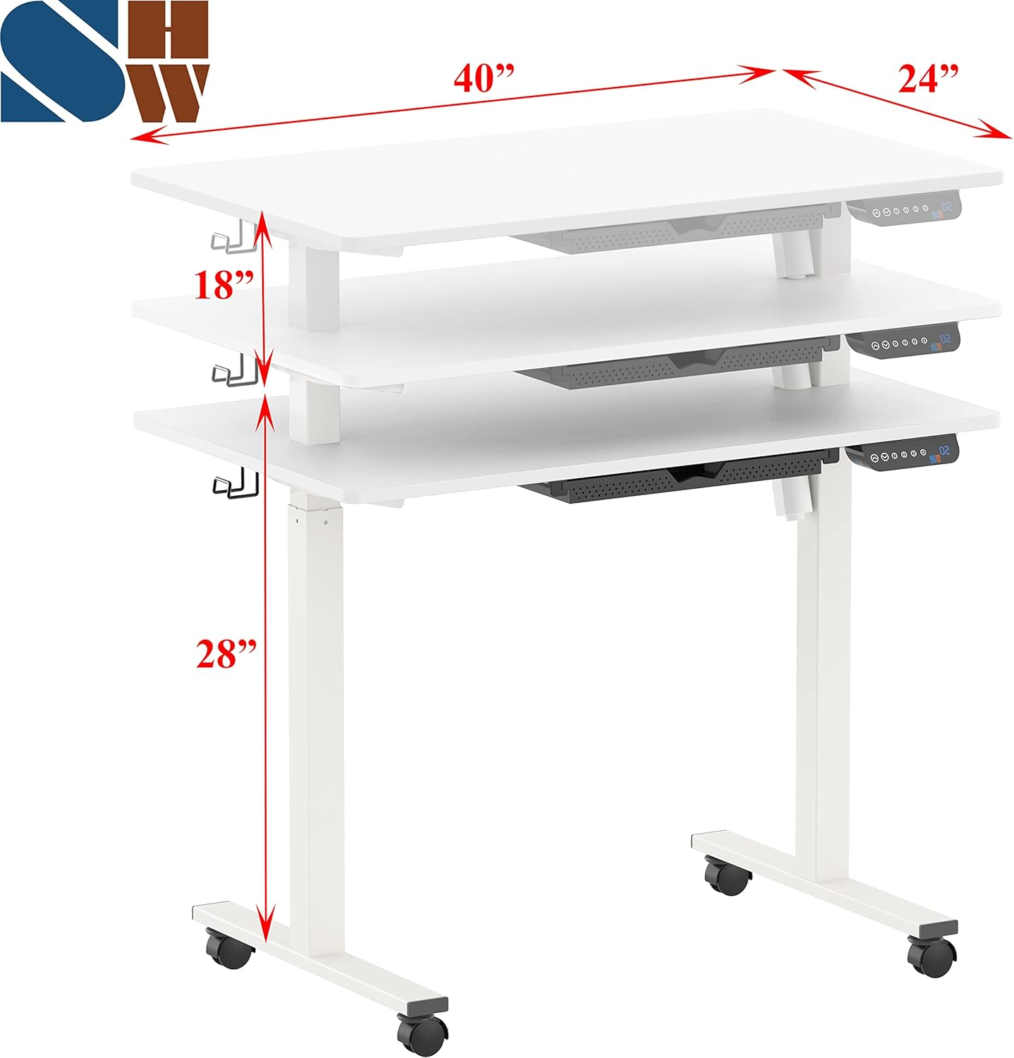 SHW 100 X 60 Cm Mobile Electric Standing Desk, Height Adjustable with Drawer, Hanging Hooks and Cable Management, White - White image number 6