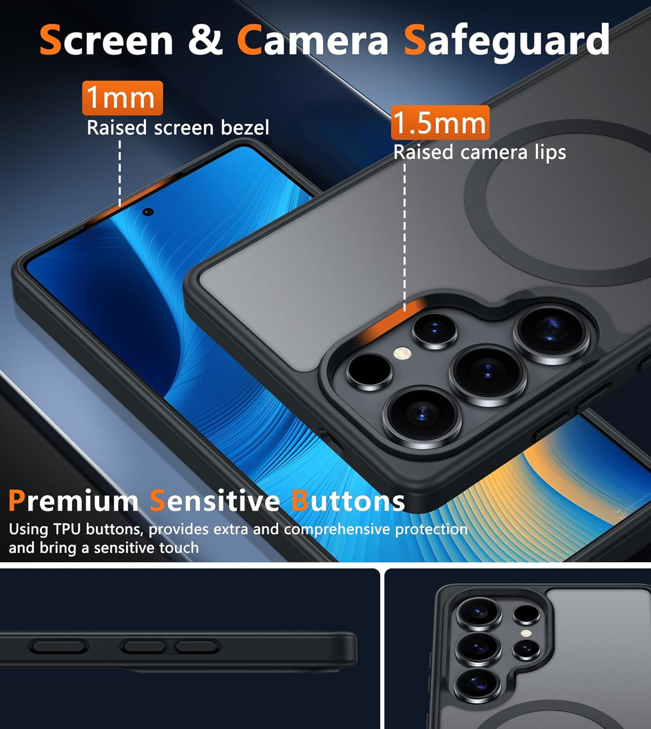 FNTCASE Case for Samsung Galaxy S25-Ultra: Matte Magnetic Slim Translucent Mobile Phone Case Military Drop Protection for Mobile Phones - Robust Durable Shockproof Protective Bumper Case (Black) image number 5