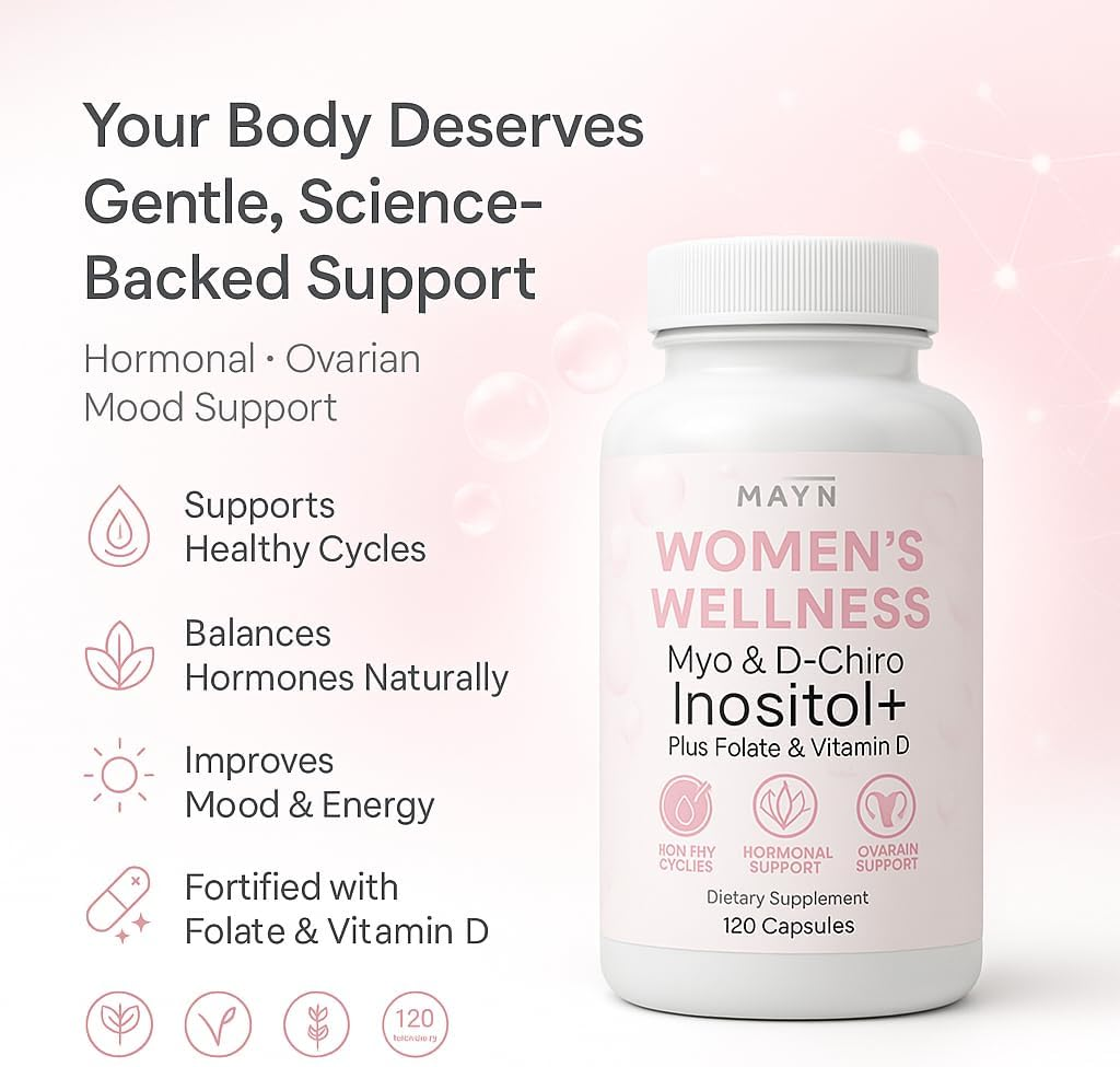 Myo-Inositol + D-Chiro Inositol 40:1 Complex &ndash; with Folate & Vitamin D3 &ndash; 2000Mg Myo + 50Mg D-Chiro &ndash; Women&rsquo;S Wellness Formula &ndash; 120 Vegan Capsules by MAYN image number 2