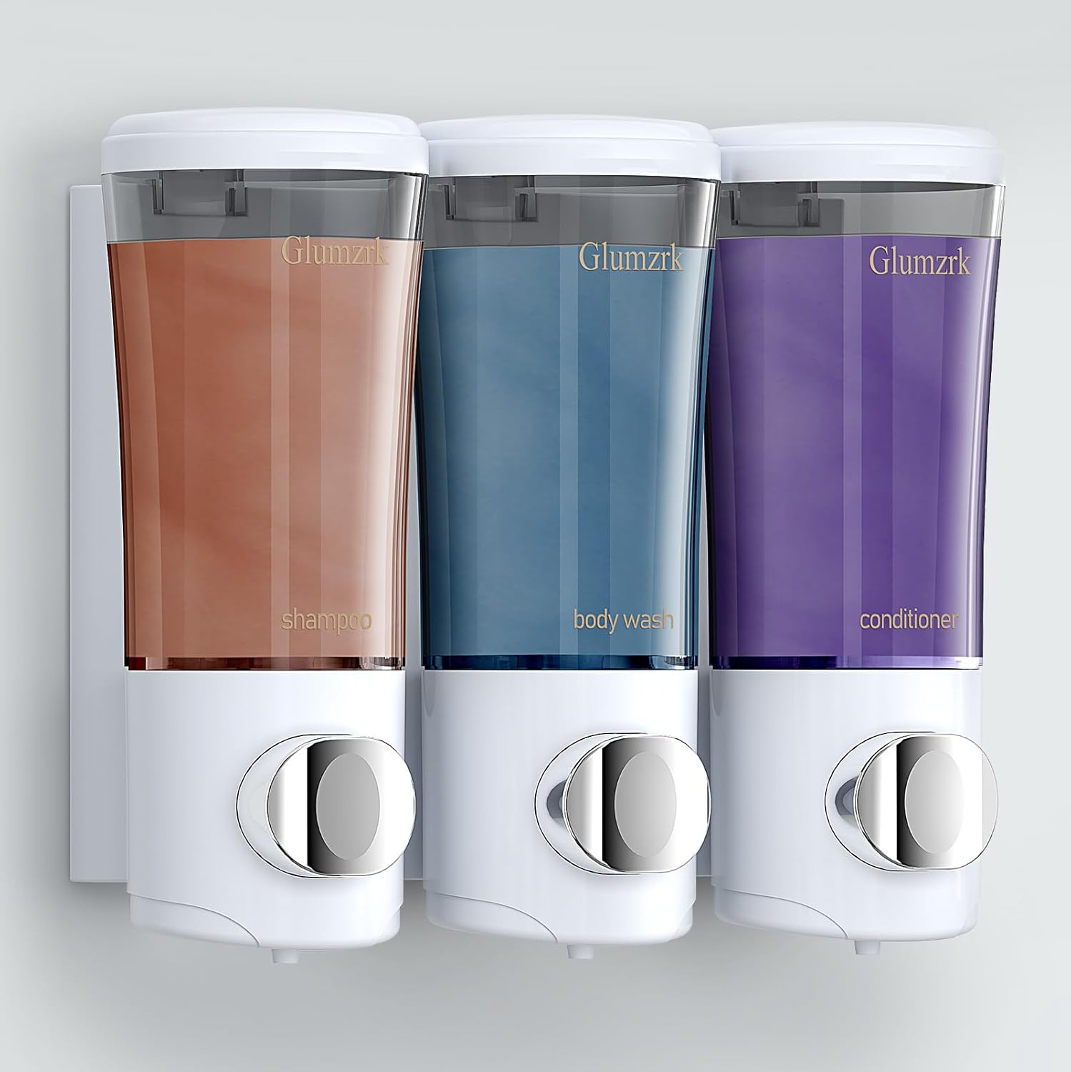 Shower Soap Dispenser Wall Mounted No Drill Shampoo Conditioner Body Wash Dispensers 15Oz/450Ml X 3 Chamber Shower Dispenser Bottles with Upgrade Pump Head Refillable Bathroom Soap Dispenser Set White