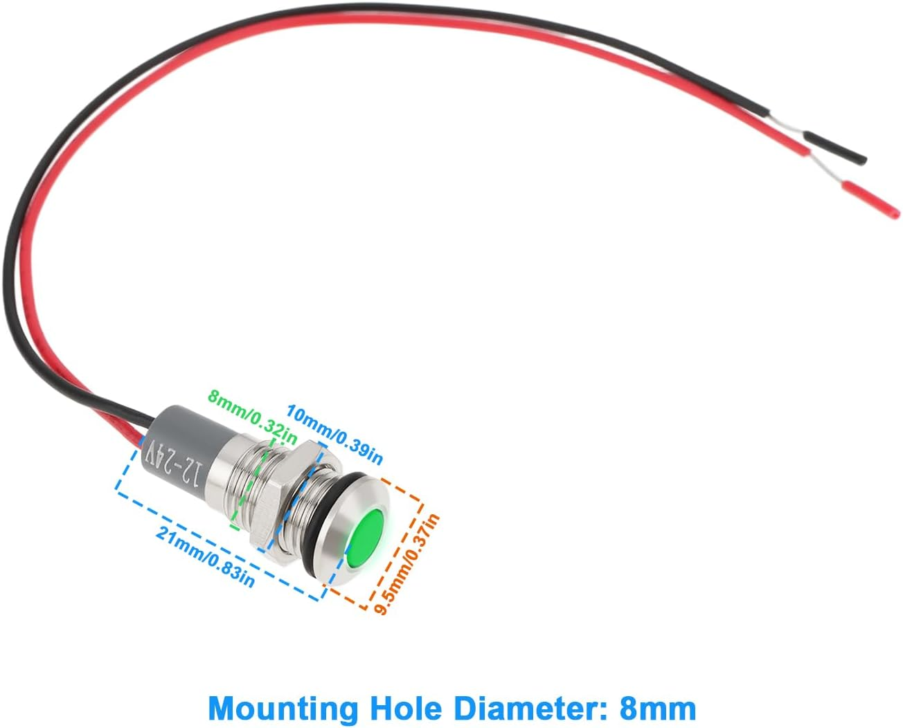 Emagtech 2Pcs AC/DC 12V-24V 8Mm Panel Mount LED Signal Indicator Metal Shell Warning Lamps, Green