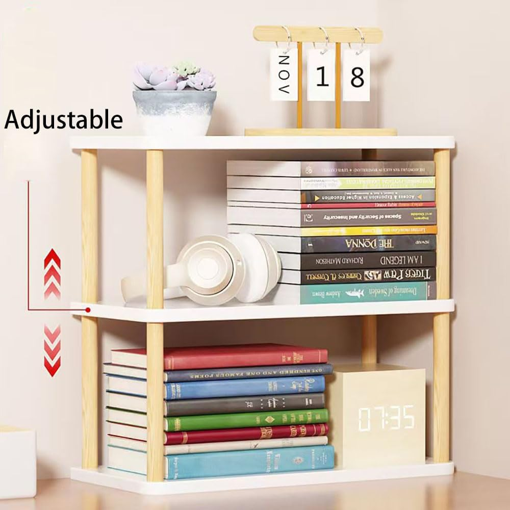Hbluefat Desktop Organizer Shelf, 2-Tier Solid Wood Adjustable Bookshelf Storage Rack, Small Countertop Bookcase Display Shelf for Home Office (White) - White image number 3