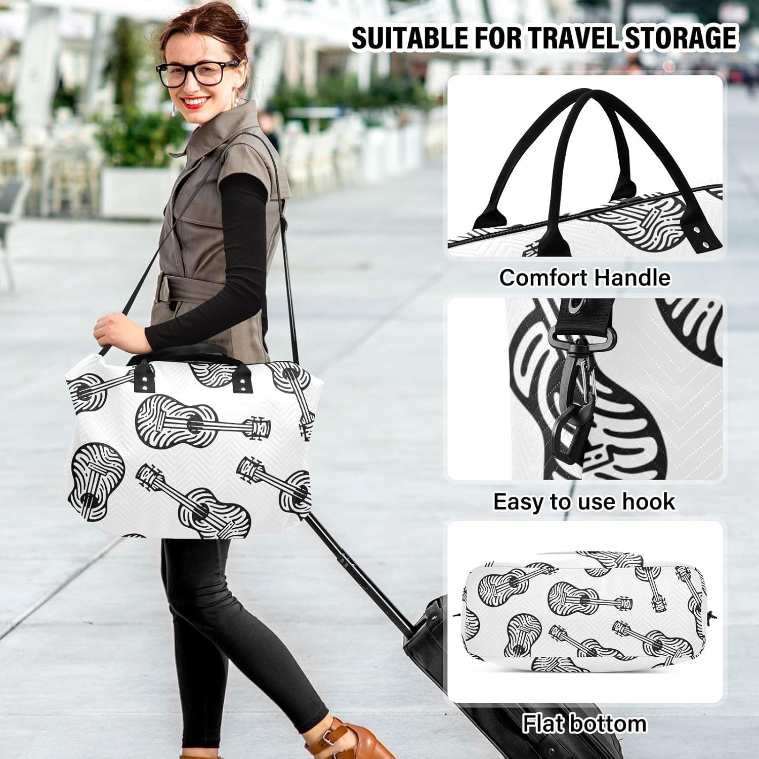 Black and White Guitar Oversized Travel Duffel Bag Travel Weekender Gear Bag Gym Sports Carry with Toiletry Bag for Gym Large Capacity, Black and White Guitar, 1 Size image number 1