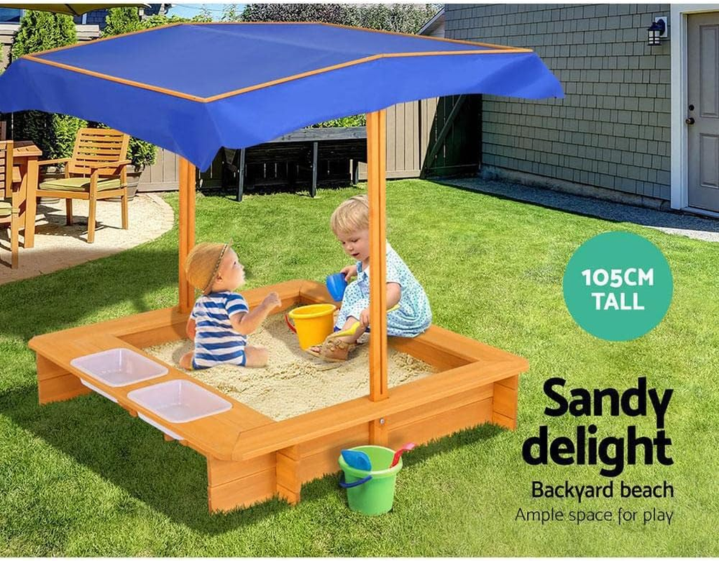 Keezi Kids Sandpit, Wooden Water Table Sand Pit Play Toys Sandcastle Garden Patio Beach Activity Outdoor Toy Games, with Adjustable Canopy Ground Sheet 2 Basins Nature Wood image number 1