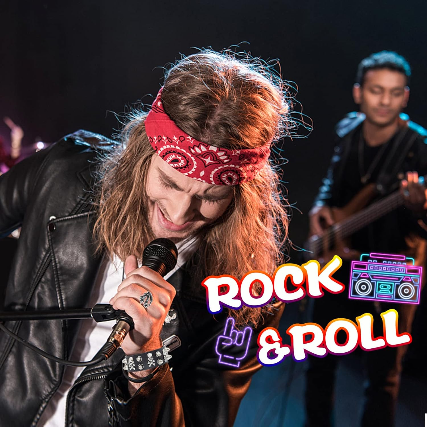 11Pcs Punk Gothic Rocker Costume Set, Rock Heavy Metal Accessories with Retro Sunglasses Gloves Bandana Fake Tattoo Sleeves Bracelet Rings Inflatable Guitar for Women Men Halloween 80S Disco Party image number 2