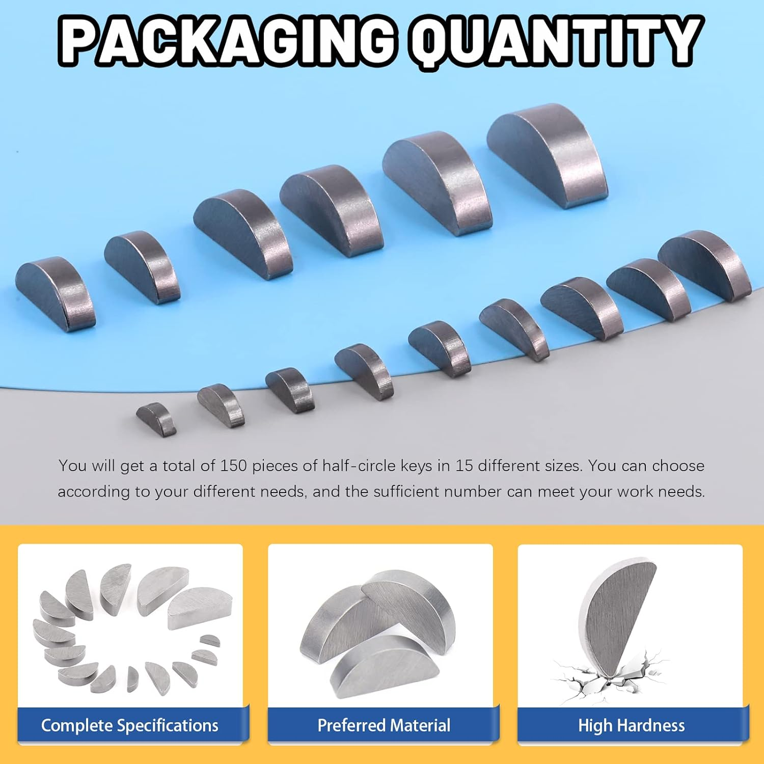 Glarks 150Pcs 15 Sizes Woodruff Keys Assortment Carbon Steel Semi-Circular Keys Set for Fasteners Mechanical Industry image number 4