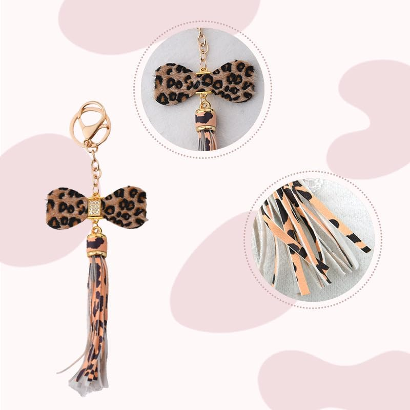 Vintage Rhinestone Leopard Tassel Keychain for Purse Bag Charms for Backpack Handbags Keychains Glitter Leopard Print Bow Keychain for Car Keys Chain Cute Bow Y2K Accessories Women Girls Trendy image number 2