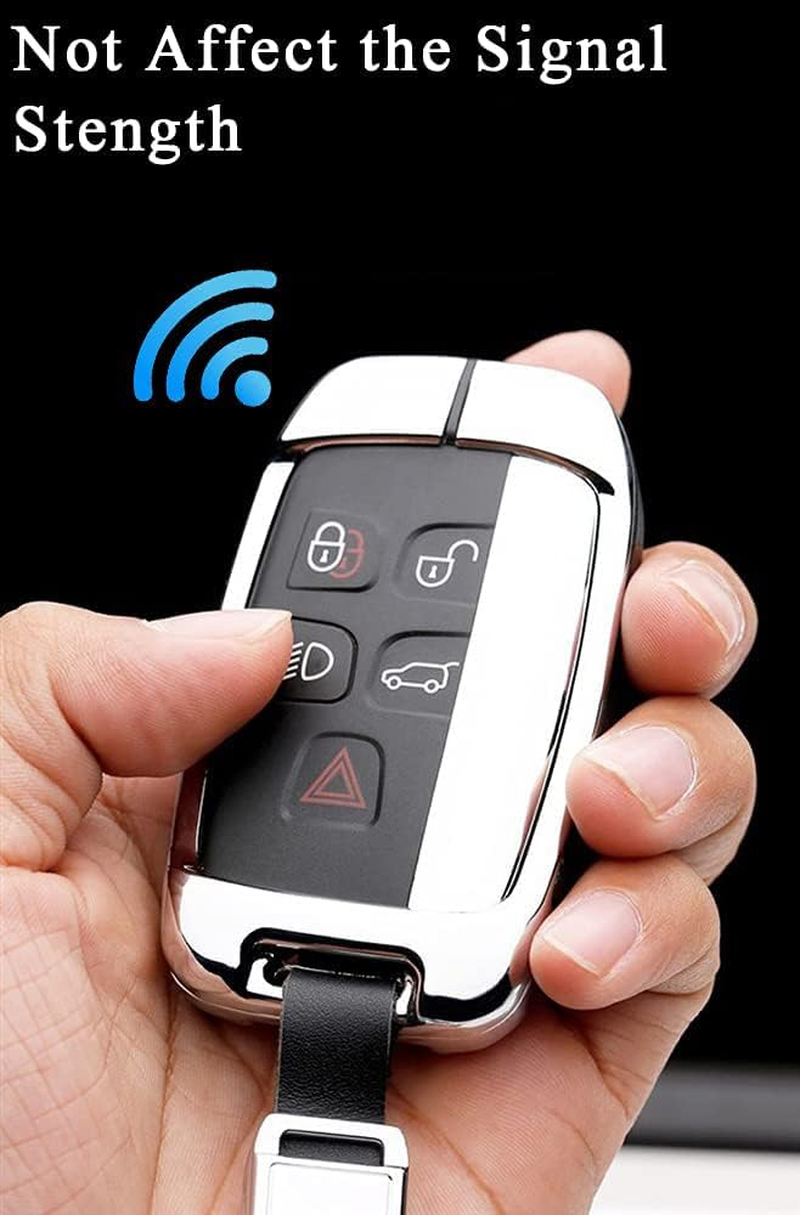 HIBEYO Zinc Alloy Leather Key Fob Case Cover for Land Range Rover Discovery Jaguar XJ F-PACE F-Type - Silver Black image number 3